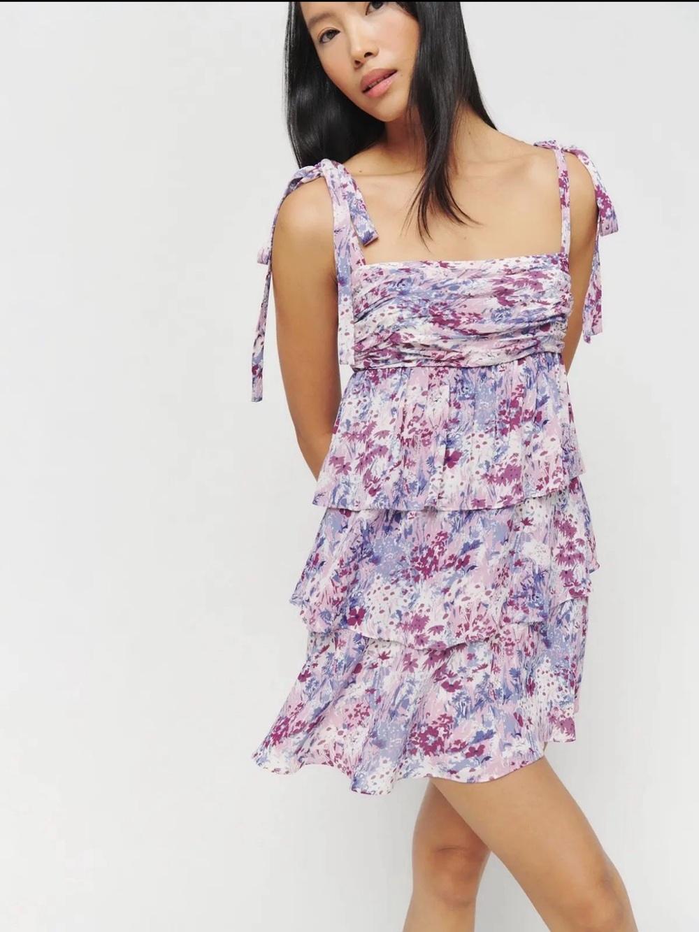 Reformation Lavender Floral Tie-Shoulder Tiered Mini Dress
